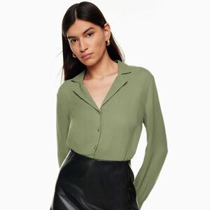 Wilfred Tulum Blouse Olive Green Button Front Long Sleeve Size XS #222